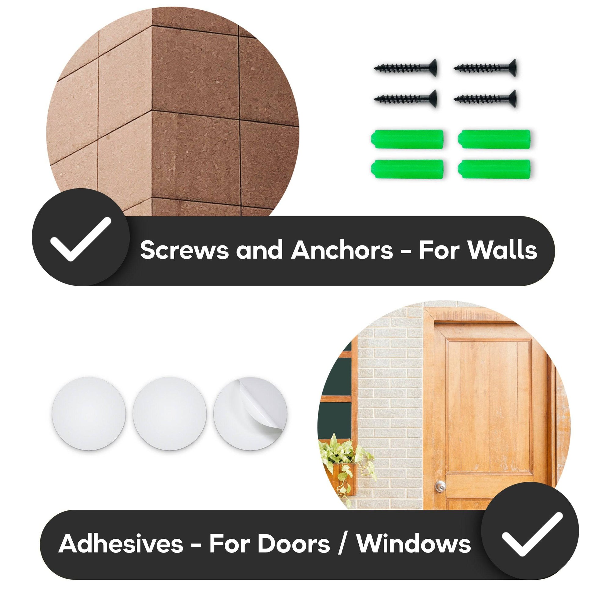 No soliciting sign installation options, includes screws and anchors for walls or adhesive for doors and windows 