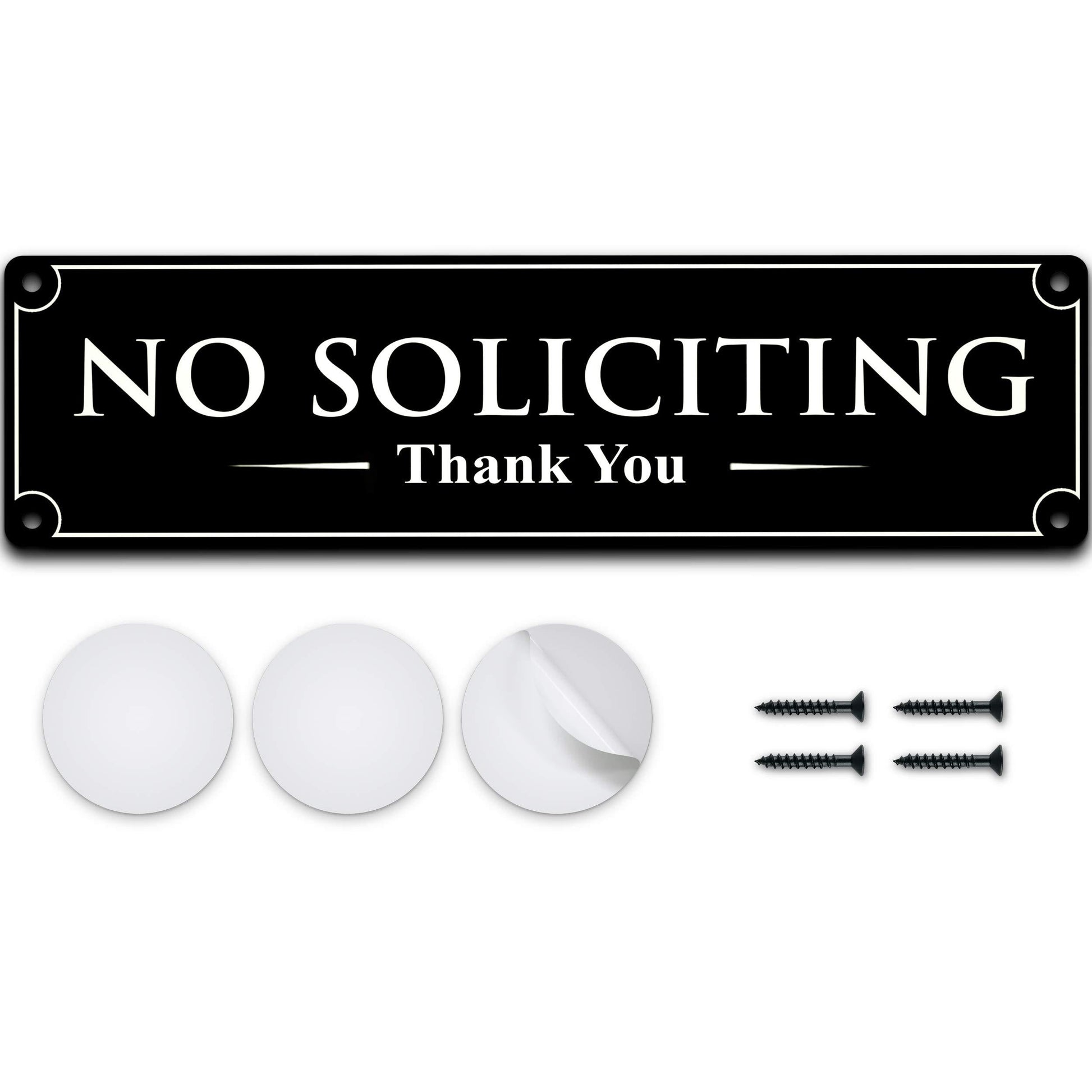 Contents of no soliciting sign kit including screws, and adhesive strips for versatile installation 