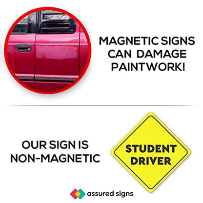 A graphic explaining how magnetic signs can damage paintwork, highlighting that the student driver sticker is non-magnetic for safety