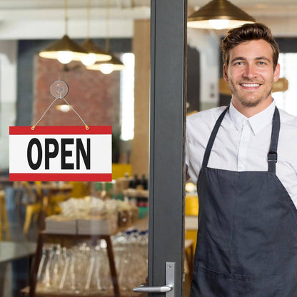 Business open sign hanging on a window with strong suction cup. Durable and easy-to-read open/closed sign, perfect for retail stores and offices to clearly indicate store hours