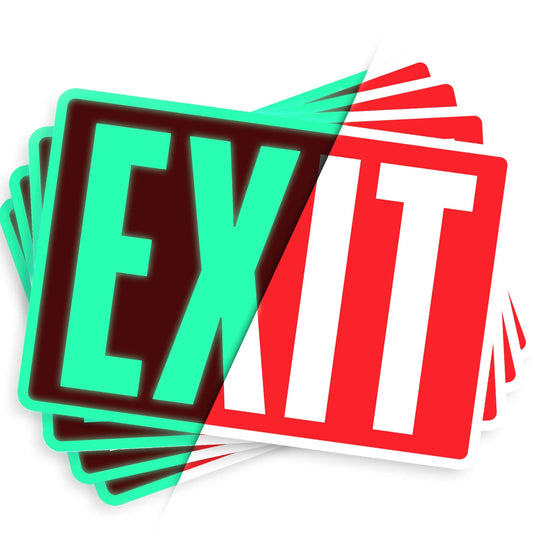 Glow-in-the-dark emergency exit sign stickers with photoluminescent features for maximum visibility during emergencies. Perfect for marking doors and walls in offices, warehouses, and public buildings.