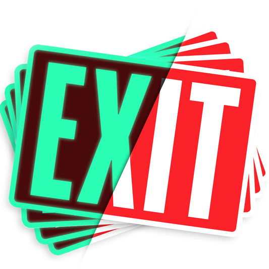 Glow-in-the-dark emergency exit sign stickers with photoluminescent features for maximum visibility during emergencies. Perfect for marking doors and walls in offices, warehouses, and public buildings