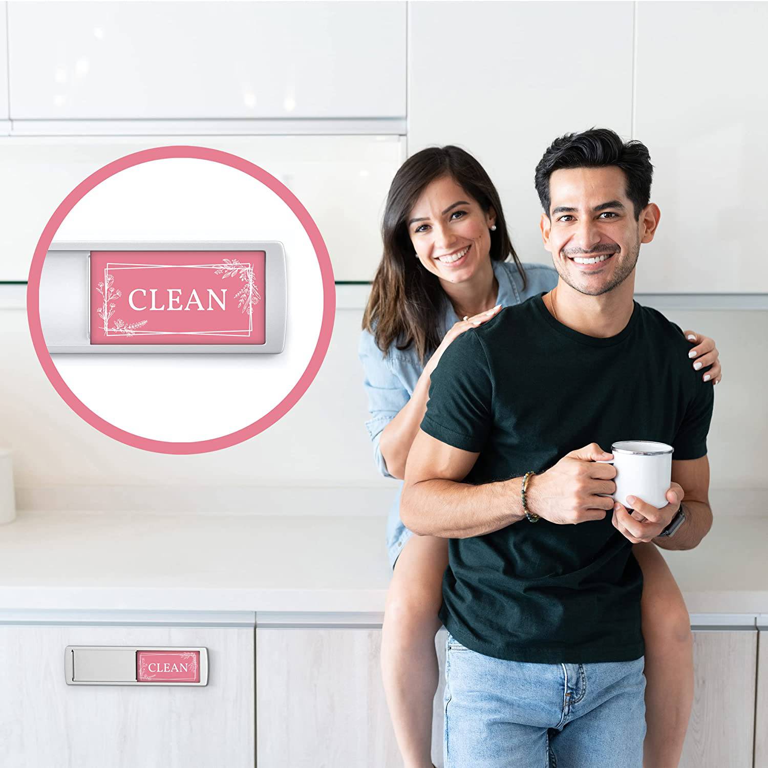 Couple in a modern kitchen with the pink and grey Clean Dirty Dishwasher Magnet in focus, ensuring dishes are easily identifiable