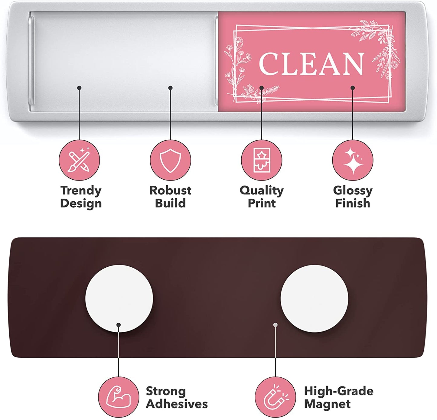 Front and backside of Clean Dirty Dishwasher Magnet in pink and grey, highlighting strong adhesives, robust build, and high-grade magnet