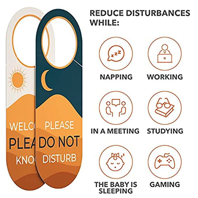 Please Knock’ and ‘Do Not Disturb’ door hangers with visual icons for multiple use cases including studying, napping, and meetings