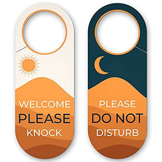 Double-sided door hanger with ‘Please Knock’ and ‘Do Not Disturb’ signs, designed for versatile use in homes, offices, and hotels