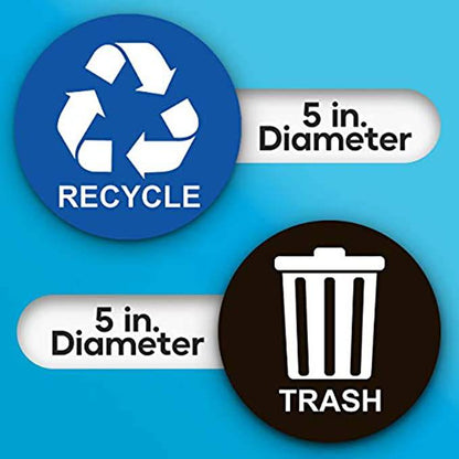 Dimensions of the recycle and trash stickers, showing they are 5 inches in diameter, suitable for small or large bins