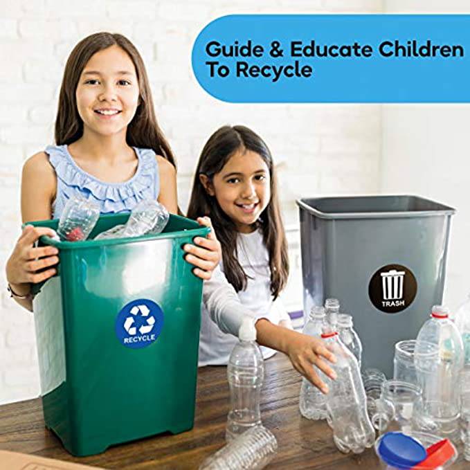 Two children are pictured putting recyclable plastic bottles into a bin that features a recycling sticker. Text on the image reads ‘guide and educate children to recycle