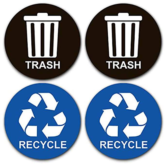 A complete set of recycle and trash stickers, including two blue stickers with white recycling symbols and two black stickers with white trash can icons, perfect for organizing waste management