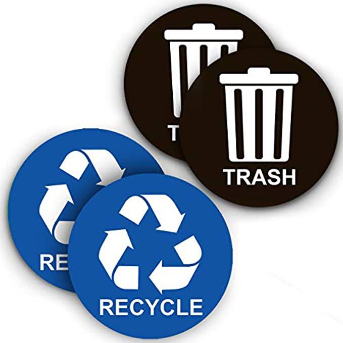 A set of recycle and trash stickers, featuring two blue stickers with white recycling symbols and two black stickers with white trash can icons, ideal for organizing waste disposal bins