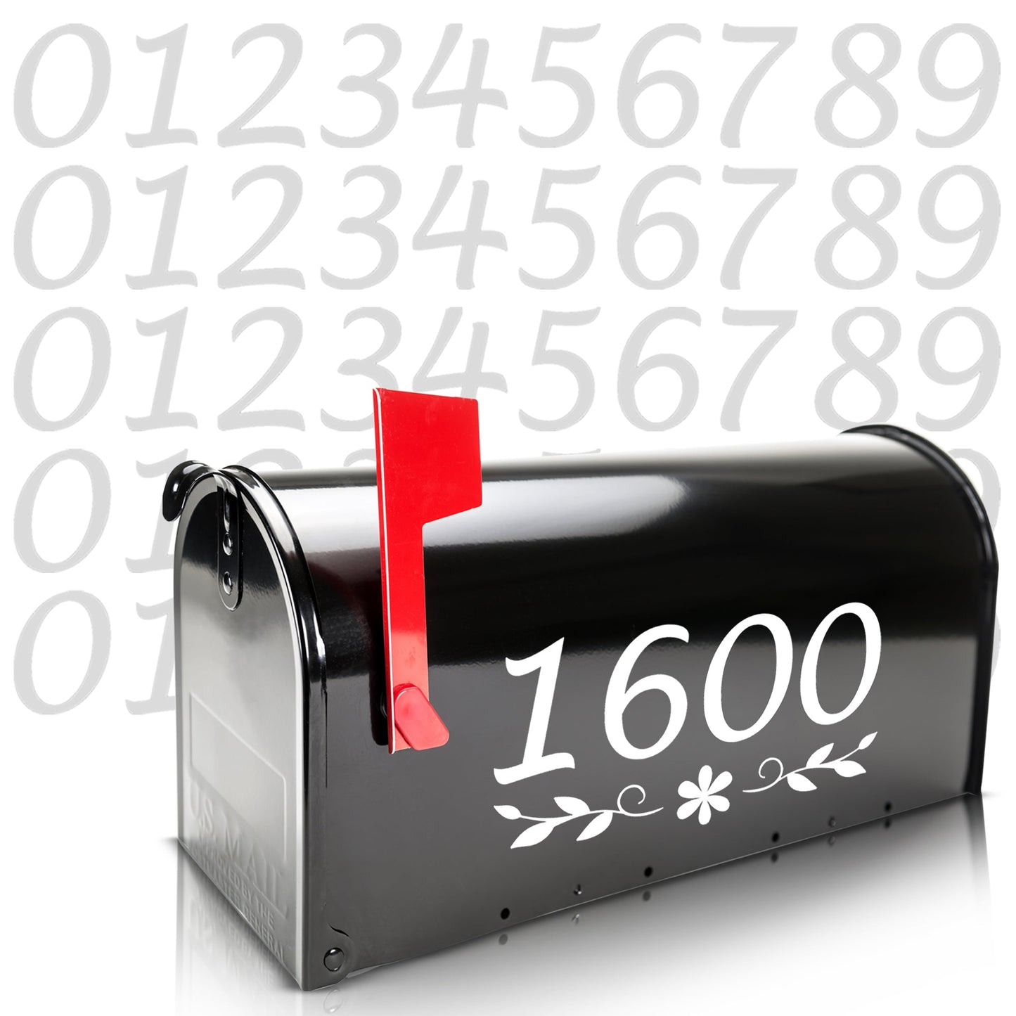 Reflective mailbox numbers stickers for outside use on a black mailbox, customizable for any address with floral design options for added style.