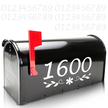 Reflective mailbox numbers stickers for outside use on a black mailbox, customizable for any address with floral design options for added style