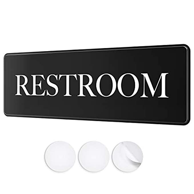 Restroom signage for bathrooms with black background and bold white lettering, includes adhesive pads for easy mounting