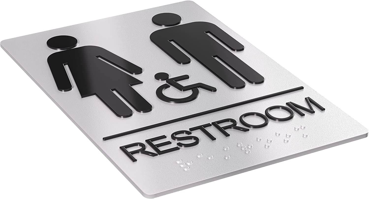 Durable silver unisex and handicap restroom sign with raised lettering and Braille