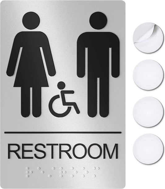 Silver unisex and handicap restroom signage, ideal for commercial or public bathrooms