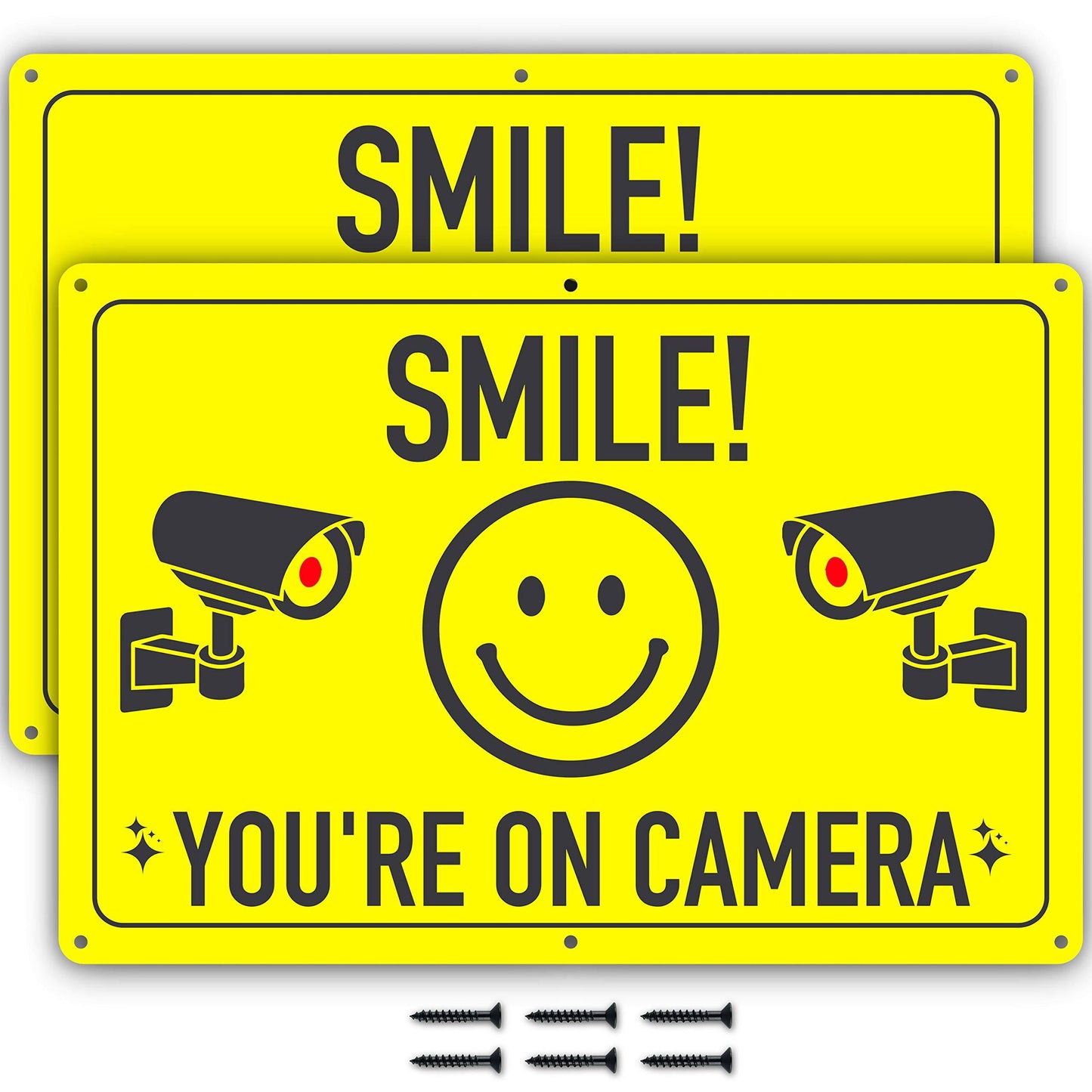 Smile You're On Camera Aluminum Sign - 2 Pack with screws, anchors, and cable ties, ideal for both indoor and outdoor use to improve security and deter theft