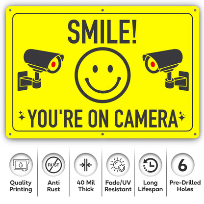 Close-up of the Smile You're On Camera Metal Sign with 40 mil thick, fade and UV resistant qualities, offering long-lasting protection for any property