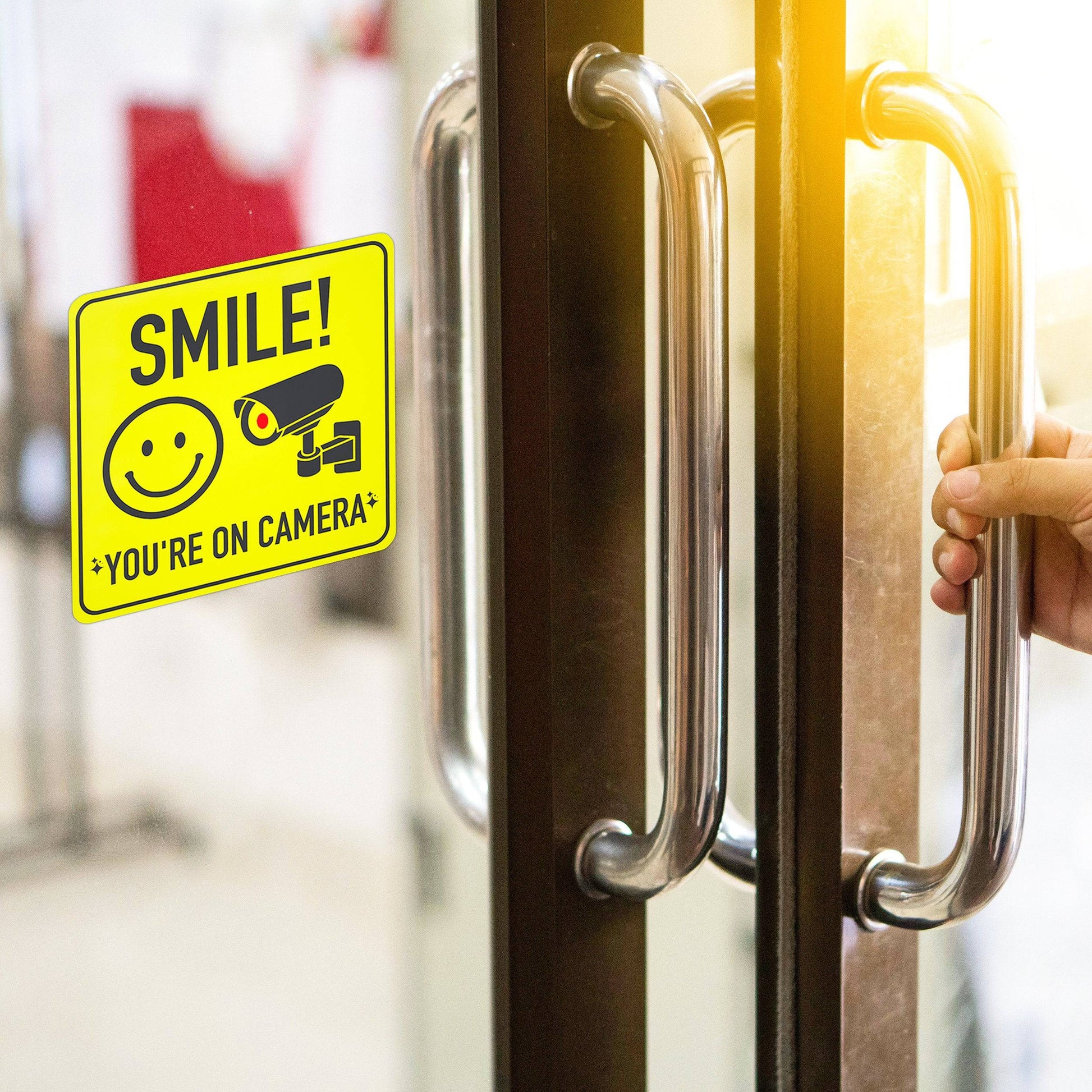 Smile You're On Camera Sign Sticker applied to a glass door, enhancing security and discouraging unwanted activities like shoplifting