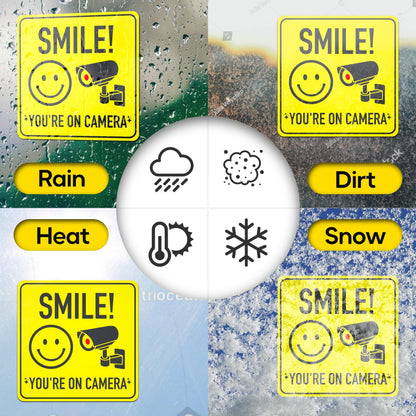 Smile You're On Camera Sticker showing durability in rain, heat, dirt, and snow, ensuring 24-hour protection in various weather conditions