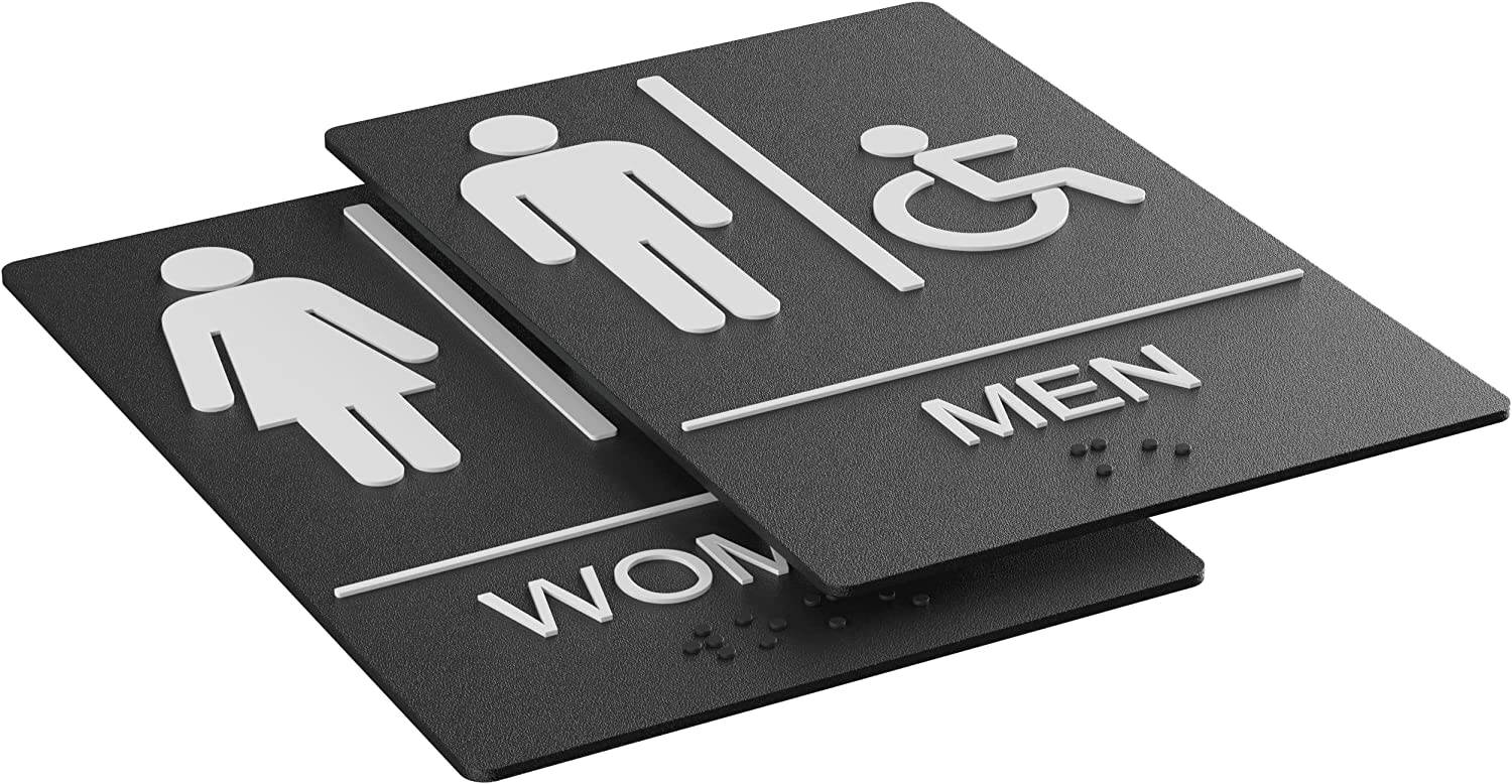 Durable black restroom signs for men, women, and handicap, shown stacked for modern bathroom design