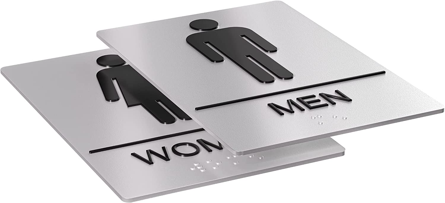 Durable silver restroom signs for men and women, shown stacked to highlight modern design and texture