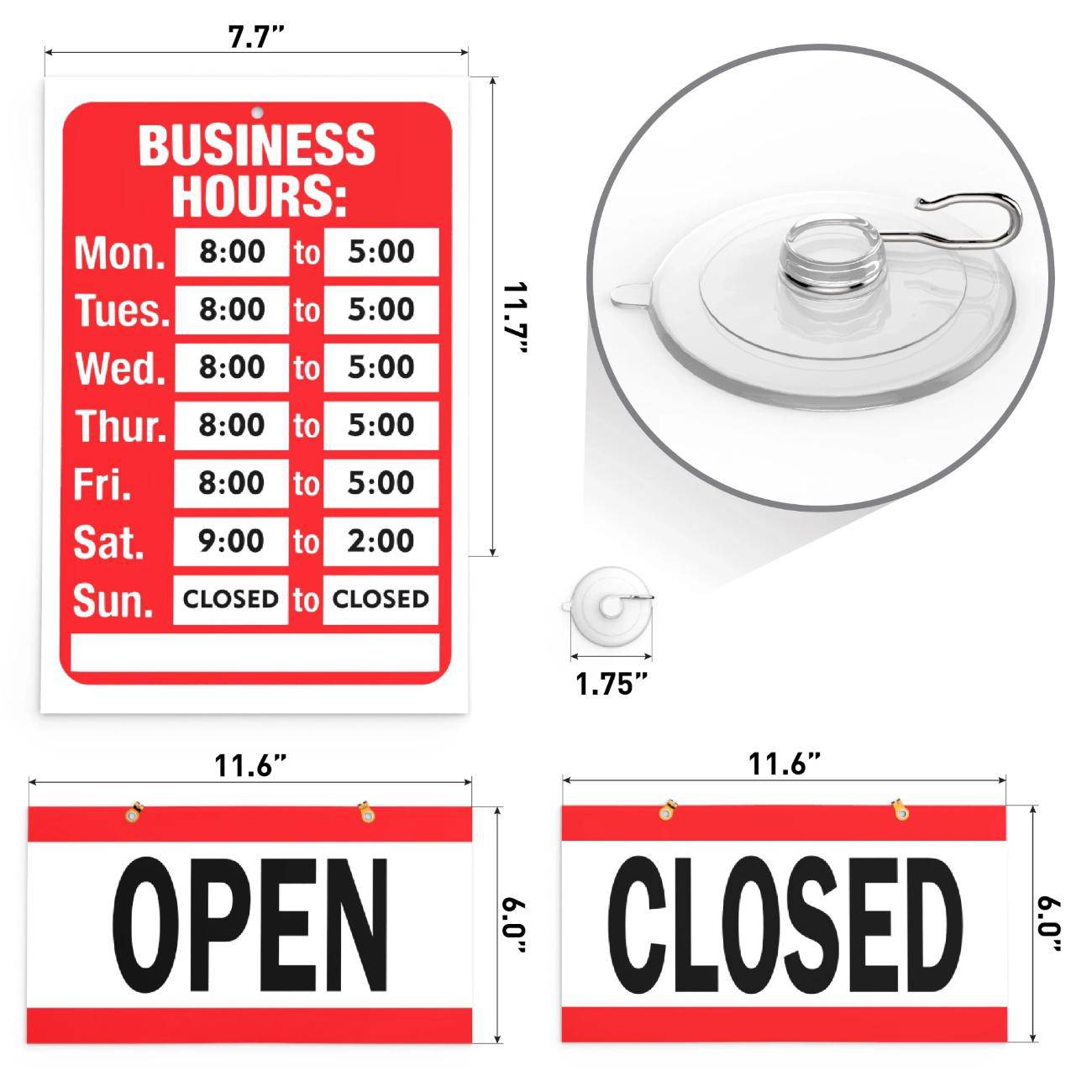 Business hours sign with pre-printed stickers and suction cups for easy installation. A professional sign displaying store or office hours of operation, made from durable plastic for long-lasting use