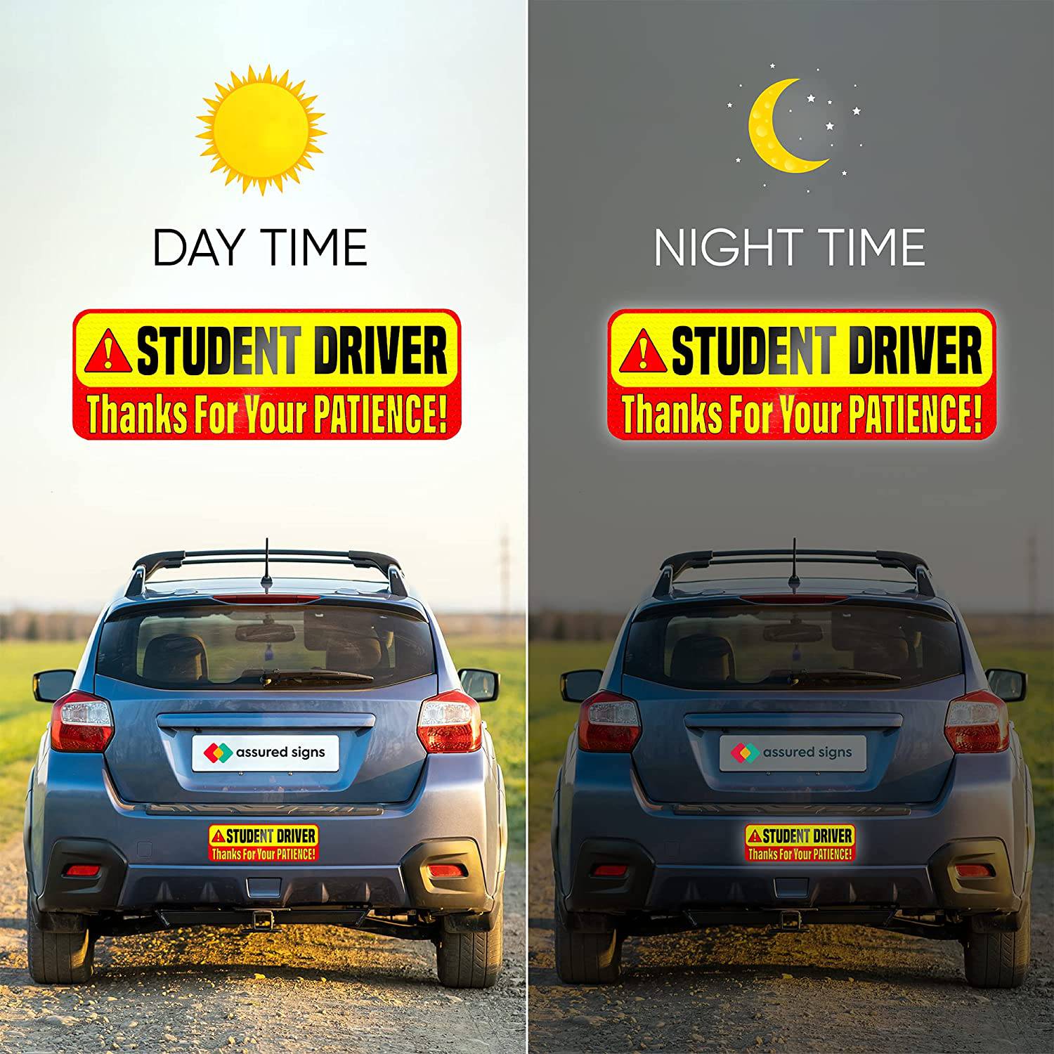 Student Driver magnet displayed on a car in both day and night settings, showing its high reflectivity and visibility