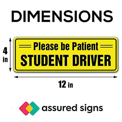 Dimensions of the Please be Patient Student Driver decal 3 Pack – Measuring 12 inches in width and 4 inches in height for high visibility