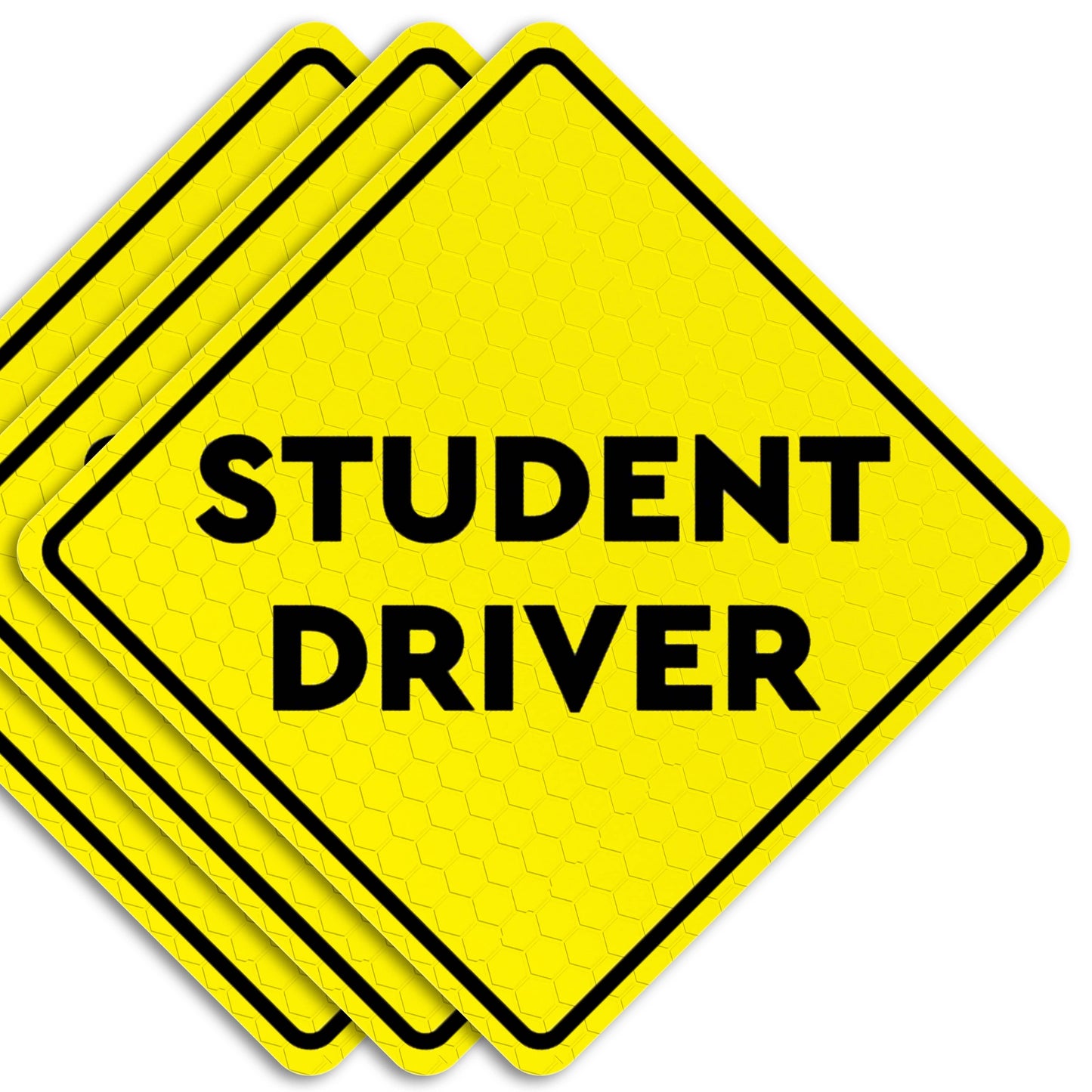 A set of three reflective yellow student driver car magnet signs designed to promote awareness and safety for beginner drivers. 