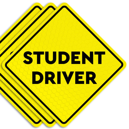 A set of three reflective yellow student driver car magnet signs designed to promote awareness and safety for beginner drivers. 