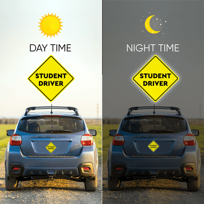 A reflective yellow student driver car magnet showing visibility during both day and night, placed on the rear of a car