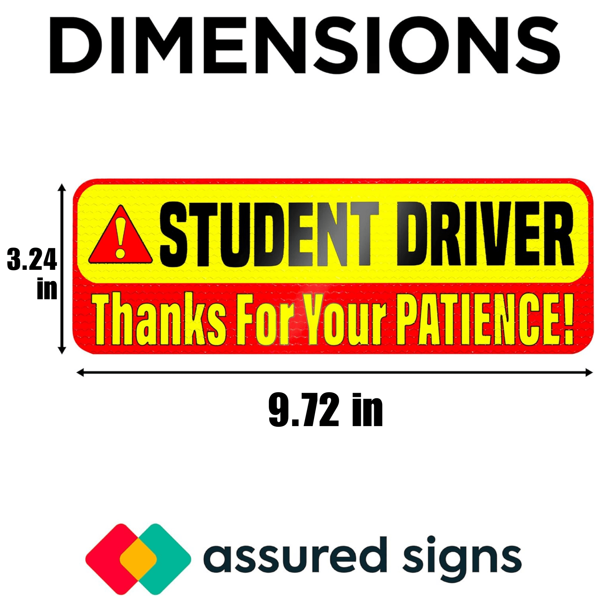 Dimensions of the Student Driver magnet, measuring 9.72 inches by 3.24 inches with reflective material for high visibility