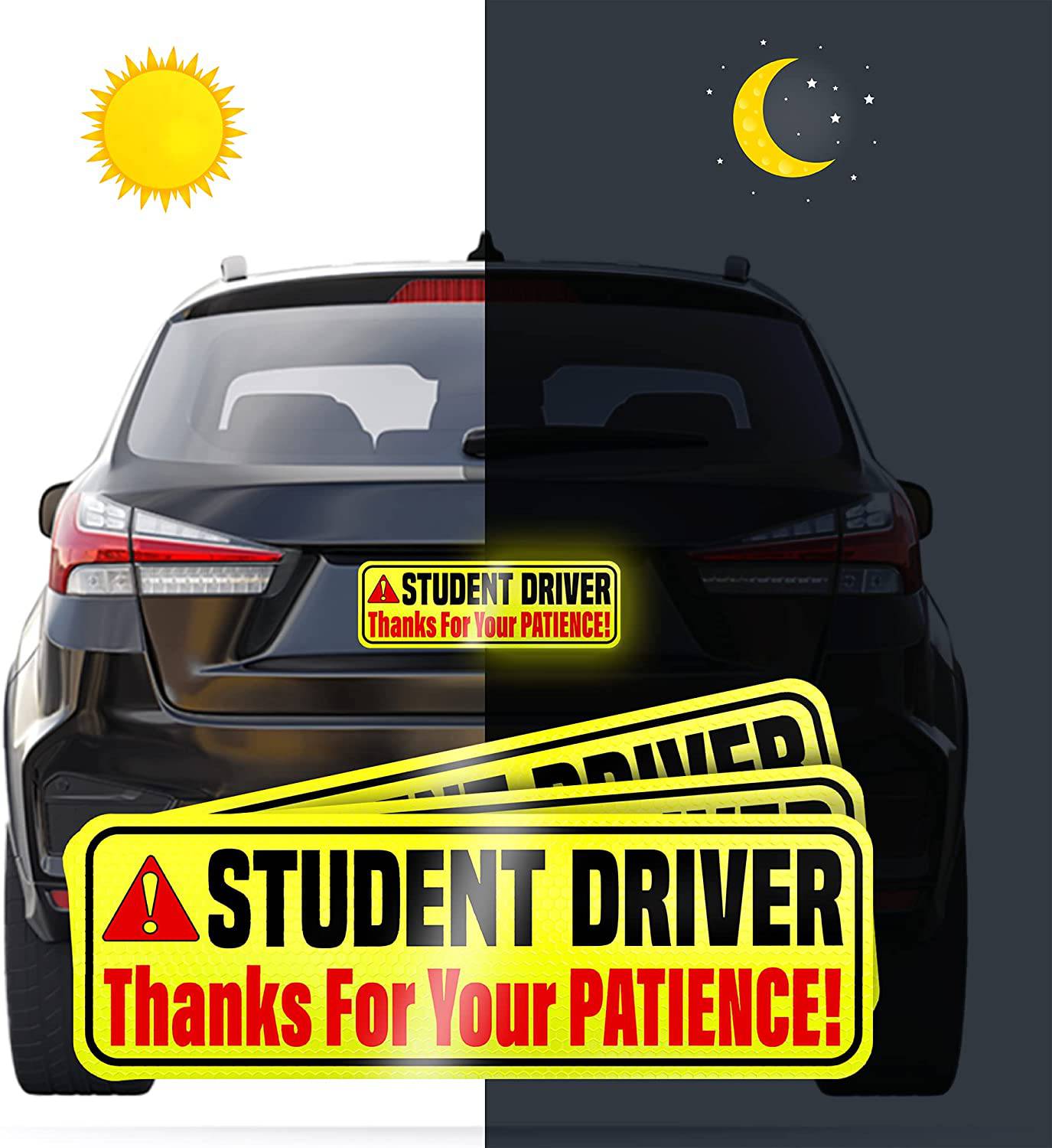 Student driver magnet with day and night visibility, featuring reflective properties for safety.