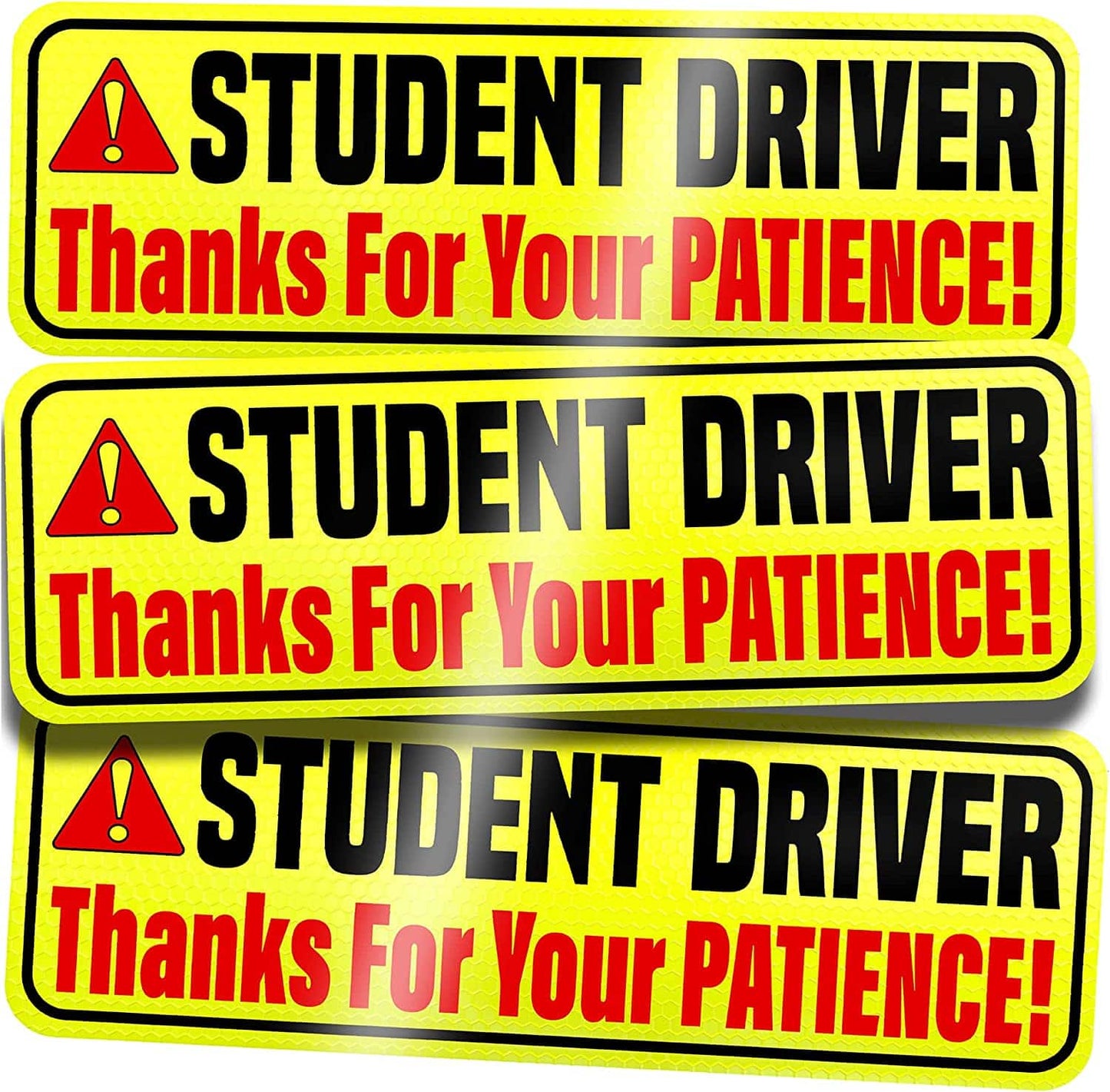 Yellow student driver magnet sign with the text 'Thanks for your patience!' in a 3-pack