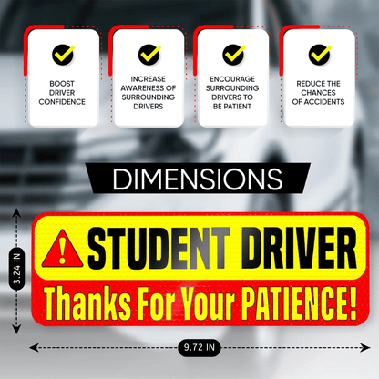 Key features of the Student Driver magnet, boosting driver confidence, increasing awareness, encouraging patience, and reducing accidents. 