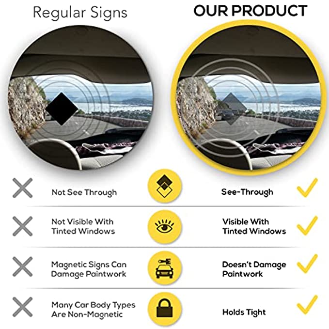 Comparison between regular signs and the student driver sticker showing its see-through feature and visibility with tinted windows. 