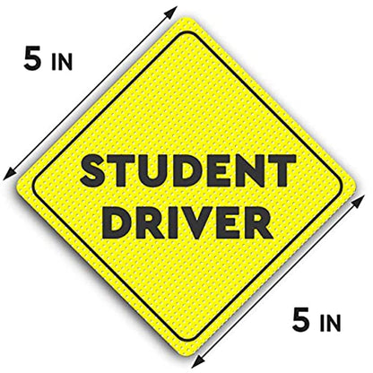 Dimensions of the student driver sticker, measuring 5 inches by 5 inches, showing a diamond-shaped yellow sign with the words 'Student Driver'