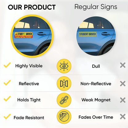 Comparison of the Student Driver magnet with a regular sign, highlighting the reflective, strong magnet, and durable qualities of the product. 