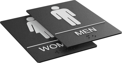 Durable black restroom signs for men and women, shown stacked to highlight their sleek design