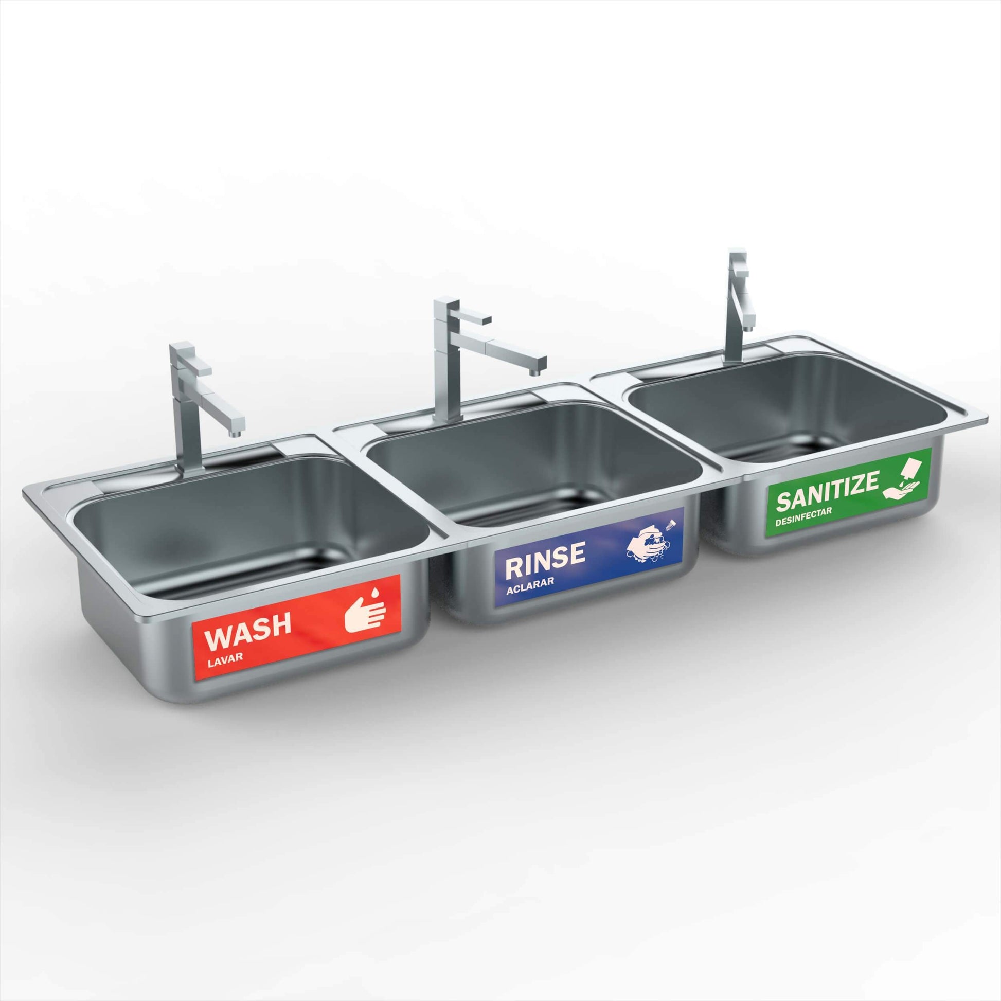 Easy-to-apply wash, rinse, sanitize signs for 3-compartment sinks, ensuring clear labeling in busy kitchens to promote proper cleaning and sanitizing steps