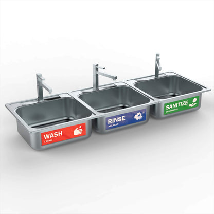 Easy-to-apply wash, rinse, sanitize signs for 3-compartment sinks, ensuring clear labeling in busy kitchens to promote proper cleaning and sanitizing steps