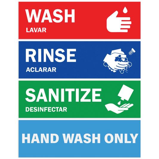 Three compartment sink signs for wash, rinse, and sanitize in commercial kitchens, with red, blue, and green color-coded labels ensuring compliance with health regulations.