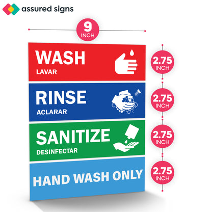 Three compartment sink stickers featuring clear wash, rinse, sanitize labels for easy identification in restaurants and commercial kitchens, promoting hygiene compliance