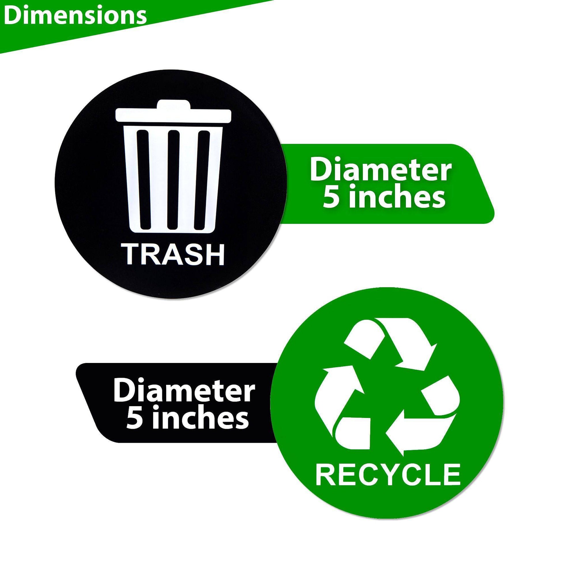 Dimensions of the green recycle and black trash stickers, showing they are 5 inches in diameter, suitable for small or large bins