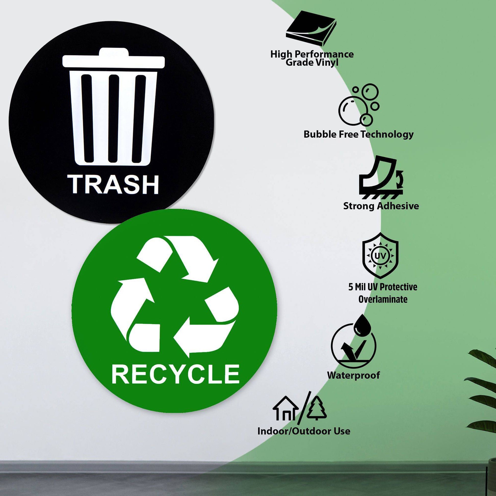 Key features of the green recycle and black trash stickers, highlighting the high-performance vinyl, strong adhesive, UV protection, waterproof quality, and suitability for indoor and outdoor use