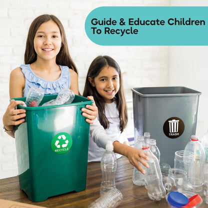 Two young girls learning about recycling, with a green recycle sticker on a green bin and a black trash sticker on a grey bin, emphasizing the educational use of the stickers