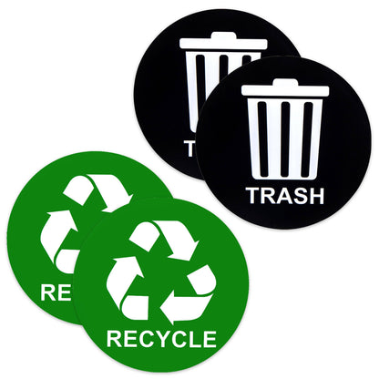 A set of four stickers, two green recycling symbols, and two black trash can icons, designed for labeling and organizing recycling and waste bins