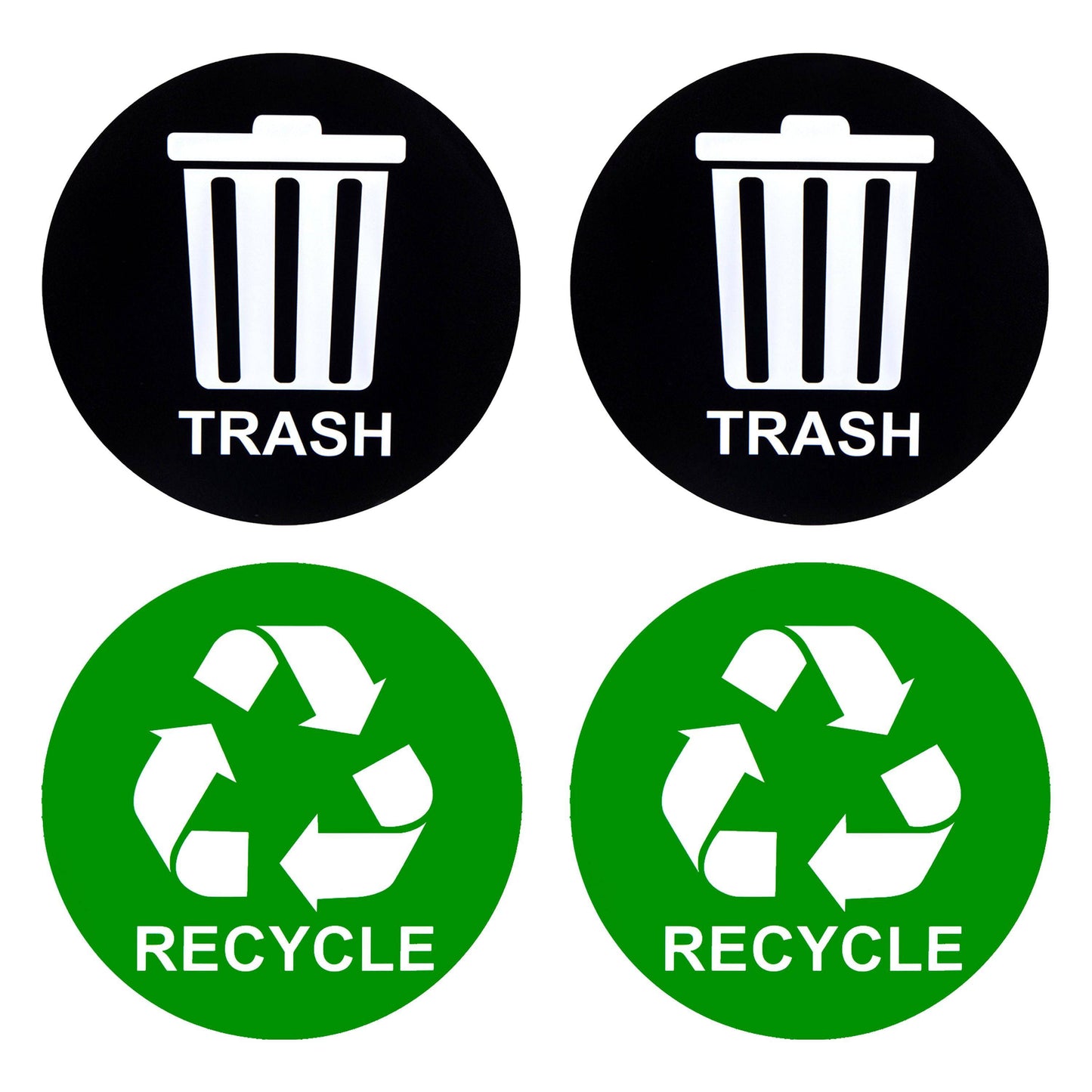 A complete set of recycle and trash stickers, including two green stickers with white recycling symbols and two black stickers with white trash can icons, perfect for organizing waste management