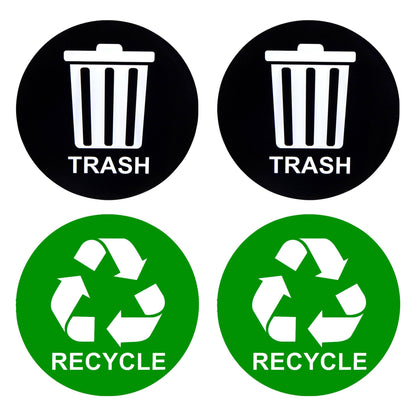 A complete set of recycle and trash stickers, including two green stickers with white recycling symbols and two black stickers with white trash can icons, perfect for organizing waste management