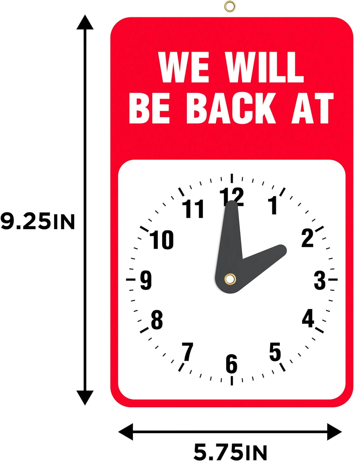 Double-sided 'Will Return At' sign with movable clock dial and 'Welcome We Are Open' message for easy customer communication in retail stores and offices. Dimensions: 9.25 × 5.75 inches